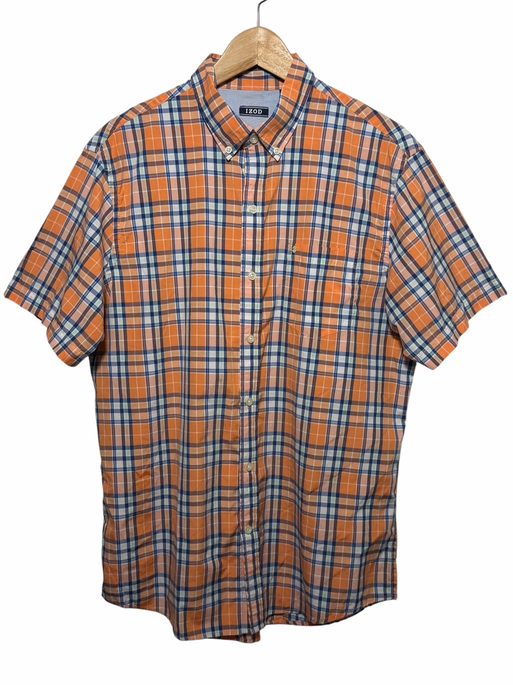 IZOD Men Orange Blue Plaid Short Slv Button Down Shirt Sz L Pocket Casual Preppy